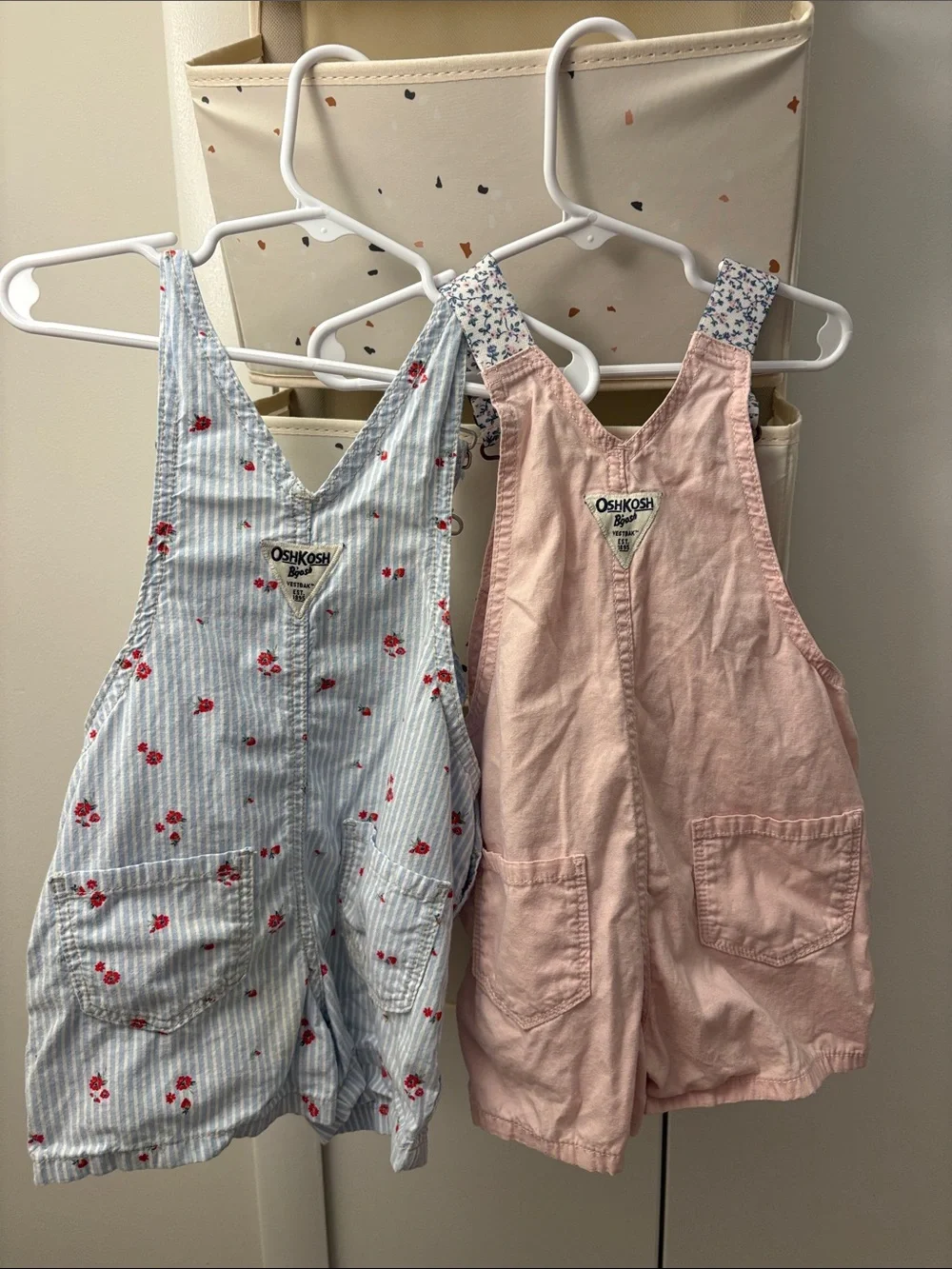 OshKosh B'gosh Pink Short Overalls & Blue Stripe Cherry Shortalls Set